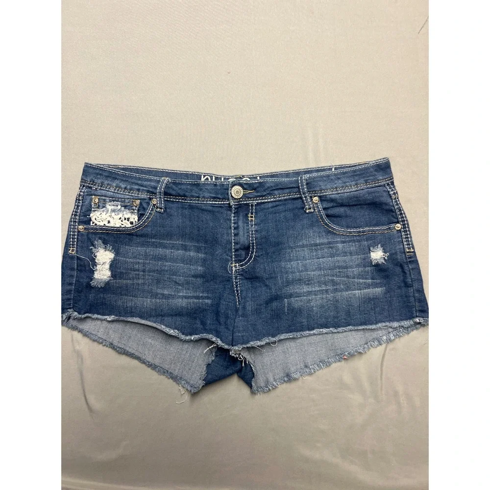 Rue21 Womens Blue Distressed Lace Pocket Denim Cut Off Shorts Size 13/14